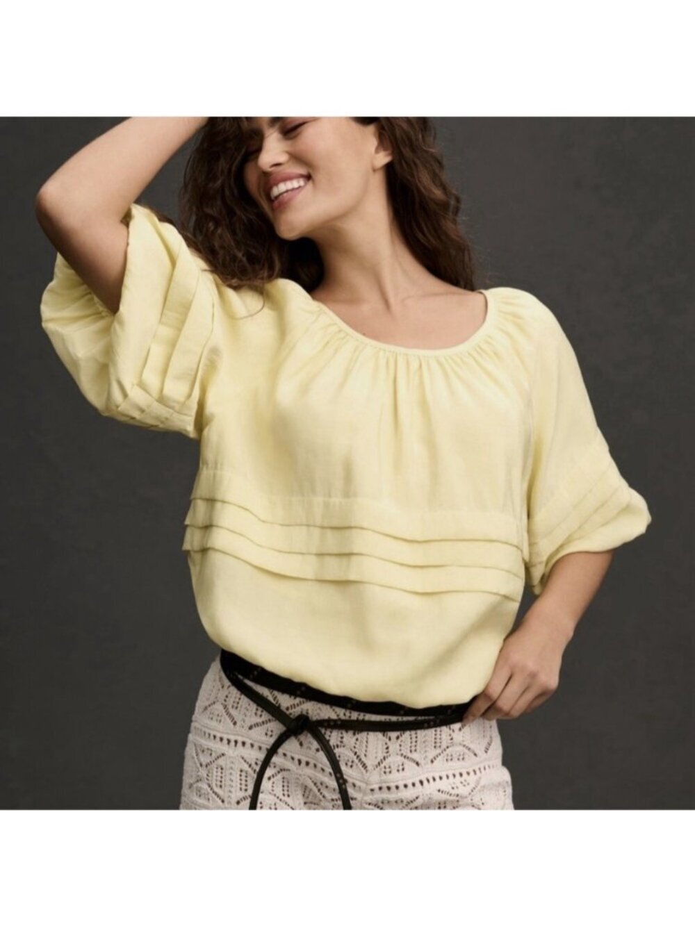 Maeve Anthropologie Pleated Short Puff Sleeves Bubble Hem Top Boho Chic Size M